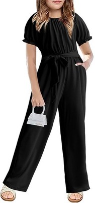 Cudtum Girls Jumpsuit Kids Fashion Short Sleeve Round Neck Belted Wide Leg
