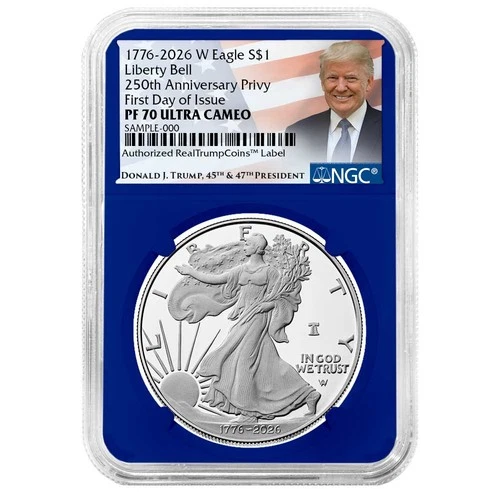 2026-W $1 1-oz Proof American Silver Eagle NGC PF70UC FDI Trump Label Blue Core
