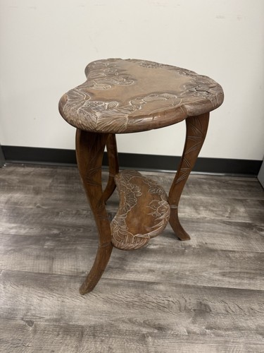 Vintage Japanese Style Floral Pattern Hand Carved Side Table 2 Tier - Picture 3 of 12