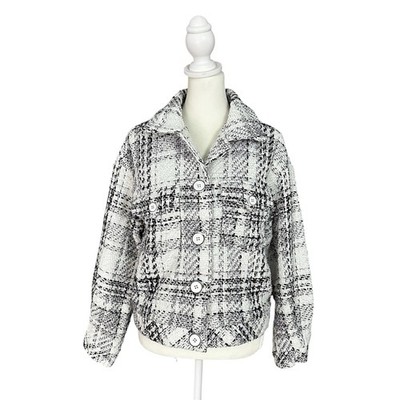 Cache Plaid Tweed Metallic Lined Button Up Jacket Black & White Size Medium