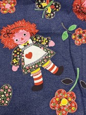 Vintage Raggedy Ann Fabric Blue Denim Look Cotton Doll print 1 yd. X44 in.