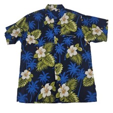 Vintage Blue Hibiscus Hawaiian Aloha Shirt Men's Size L 3504