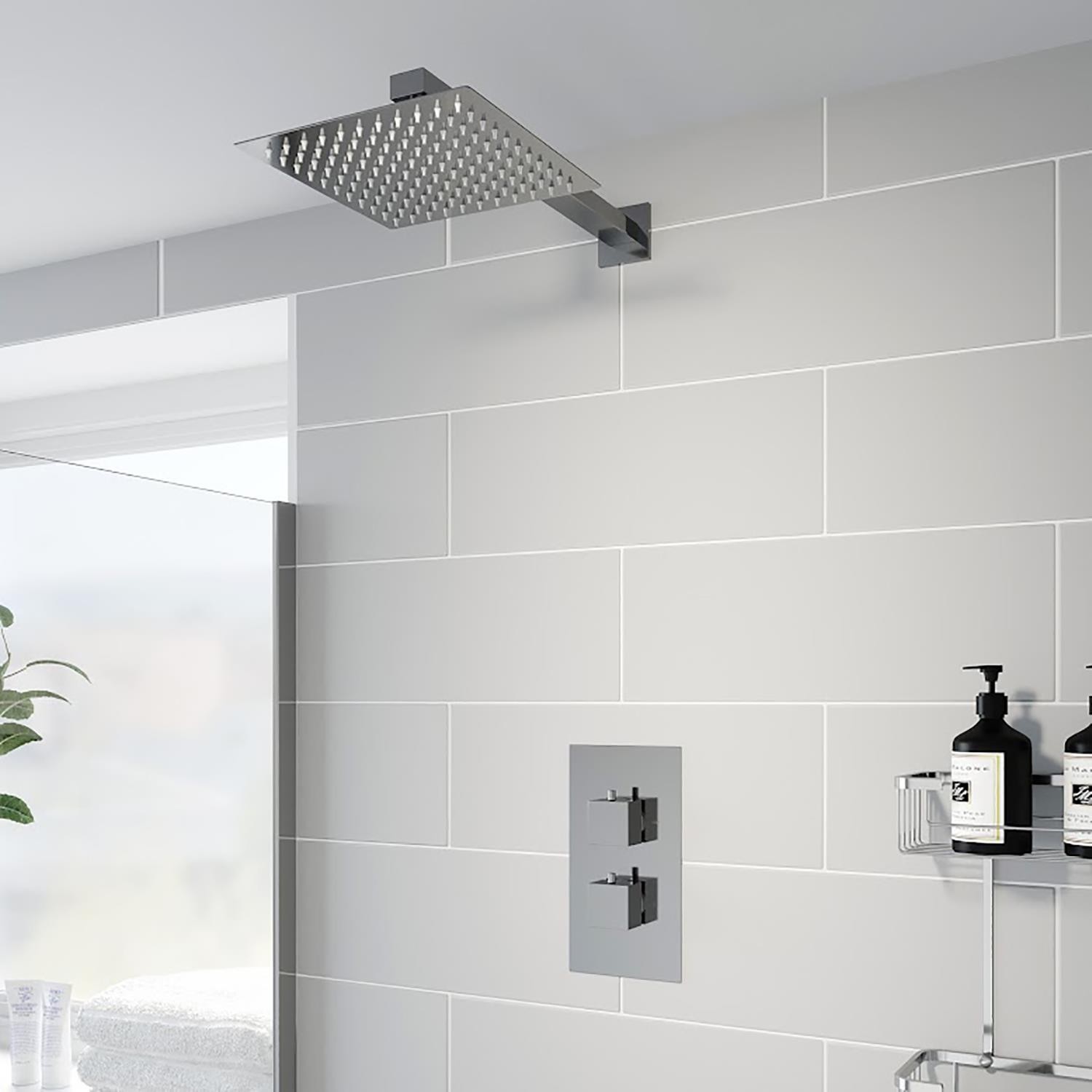 Thermostatic Mixer Shower Square Rainfall Head Valve Chrome Bathroom Modern
