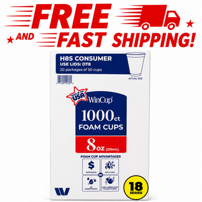 WinCup Foam Drink Cups 18 series, White, 8 oz., 1000 ct with Free Shipping in US