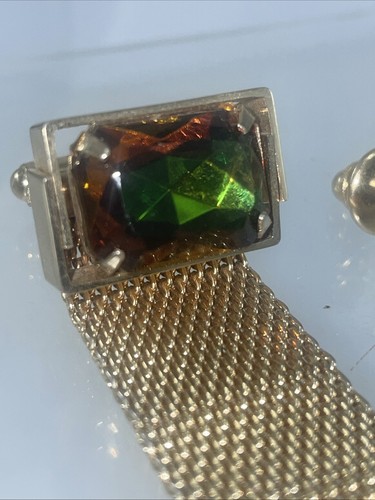 Vintage Netz Wickel Manschettenknöpfe & Krawatte Tac goldfarben mit facettiertem Bernstein & grünen Strasssteinen - Bild 4 von 13
