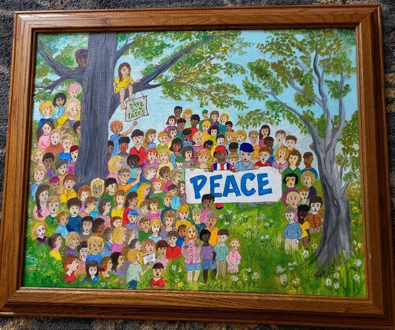 "KIDS for PEACE" ORIGINAL OIL PAINTING MAINE ARTIST Framed 19"x 23"