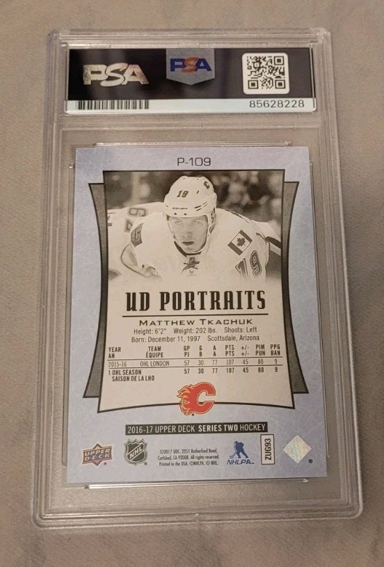 Matthew Tkachuk signed 2016-17 O-Pee-Chee Hockey Rookie Card RC IP auto PSA NHL view 3