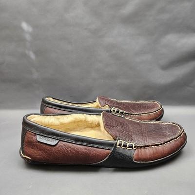 H.S. Trask Slippers Mens 11 Brown Black Leather Shearling Moccasin House Shoes
