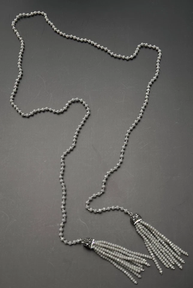 Ожерелье из серого бисера Sautoir Lariat граненые кисточки открытый флэппер 42 дюйма - Изображение 2 из 4