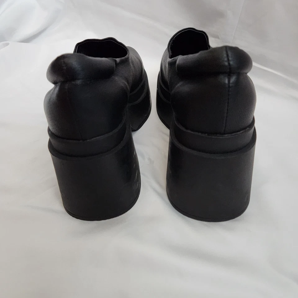 Zapato UNIF Flex Cuero Apilado Plataforma Tacón Grueso Sin Cordones Años 90 Para Mujer 7 Negro Foto 3 de 4