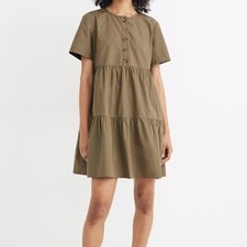 Madewell Baby Doll Button-Front Short-Sleeve Tiered Mini Dress Olive Green S