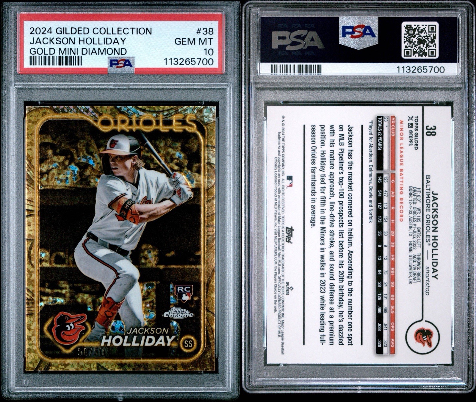 2024 Topps Gilded Collection Jackson Holliday Gold Mini Diamond 50/50 PSA 10 💎 view 2