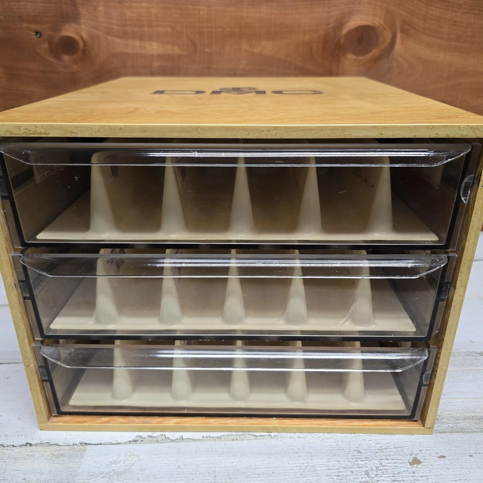 Vintage DMC Embroidery Floss Wood Storage 3 Drawer Box With Dividers A8 - Image 2 of 4