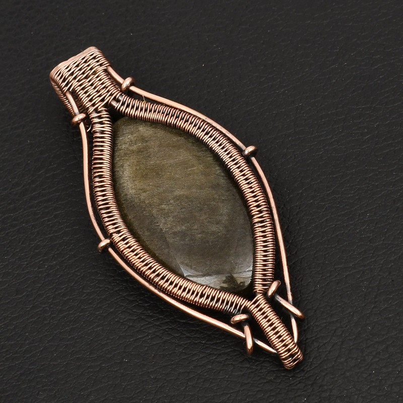 Silver Sheen Obsidian Gemstone Ethnic Copper Wire Pendant Jewelry 2.84" AP-37166