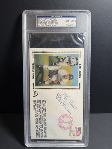 PSA 8 NY Yankees Yogi Berra Don Larsen Signed Perfect Game Auto MLB HOF - Afbeelding 3 van 4