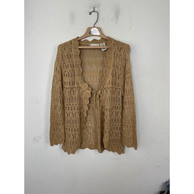 White Stag Khaki Open Knit Tie Front Cardigan XL 16/18 Scalloped Pointelle