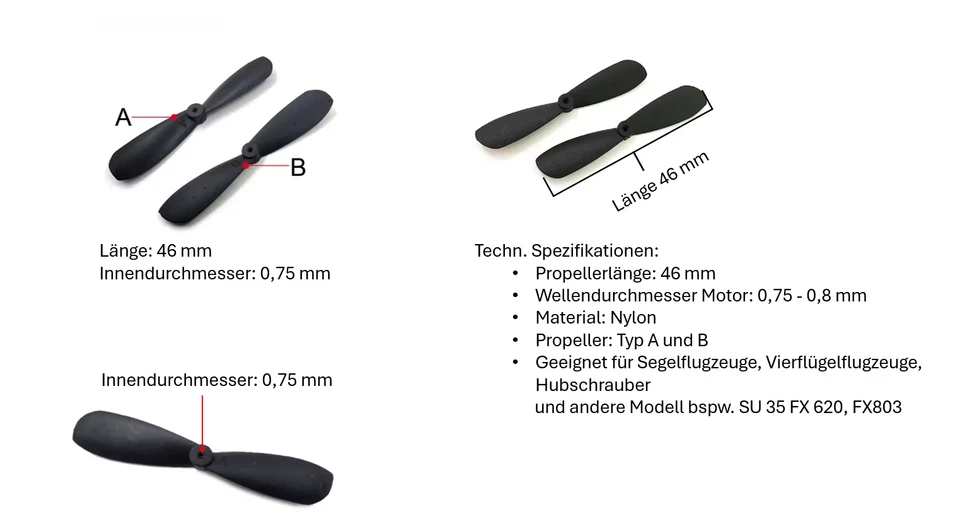 Typ A & B Propeller RC Flugzeug 46 mm, Wellendurchmesser 0,8mm, Nylon-Propeller - Bild 2 von 3
