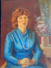 Oil Painting Sign. John J. Schopper 1977 Portrait Lady With Red Hair Black Dress