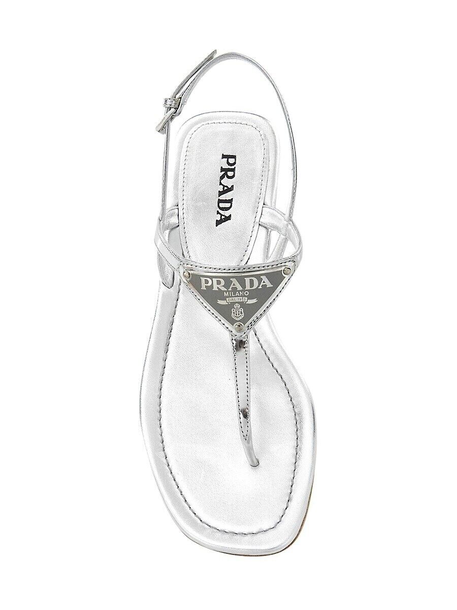 PRADA Logo Metallic Leather Ankle-Strap Thong Sandals PRADA Logo Metallic Leather Ankle-Strap Thong Sandals