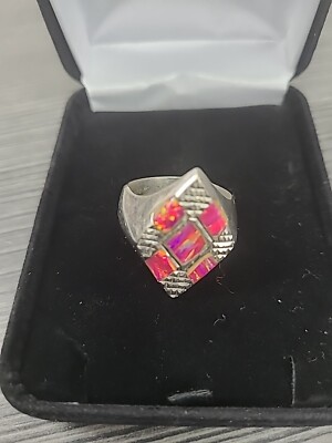 Synthetic Fire Opal Tile Ring Panel Sz 10.5 925 Sterling Silver 12.6g