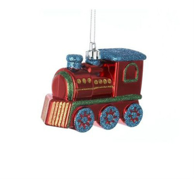 KURT S. ADLER RED SHATTERPROOF LOCOMOTIVE TRAIN W/ BLUE GLITTER XMAS ORNAMENT
