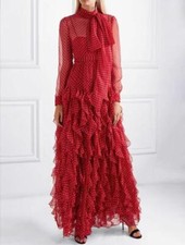 Evening Polka Dot Chiffon Womens Stand-up Collar Ruffled Edge Dress Full Length