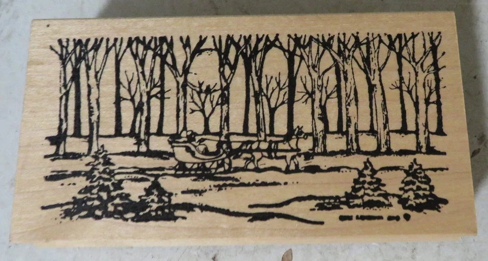 Sello de Goma Northwoods Bosque Árboles Trineo Caballo Dibujado 4 3/4" x 2 1/2" Nuevo 2014 Foto 2 de 4