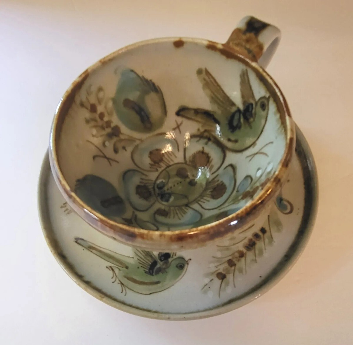 Vintage Signed Ken Edward Stoneware Cup And Saucer Birds Flowers