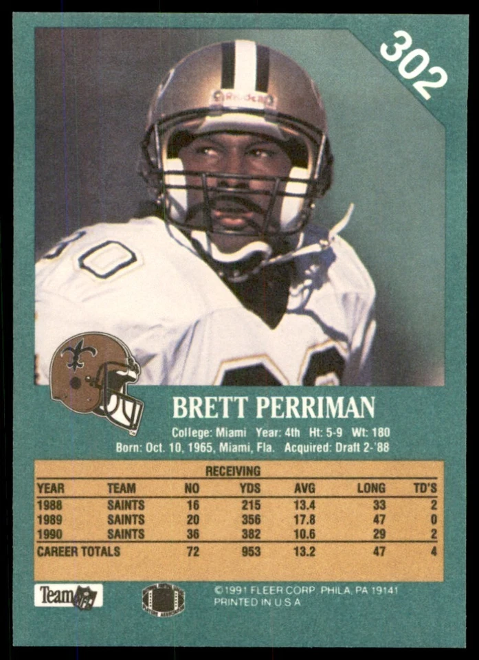 1991 FLEER BRETT PERRIMAN NEW ORLEANS SAINTS #302 - Image 2 of 2