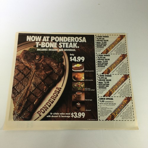 VTG Retro 1983 Ponderosa T-Bone Steak Sirloin Value Meal Print Ad ...