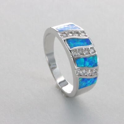 Blue Fire OPAL Ring Band - 12 CZs - Rhodium finished 925 STERLING SILVER #1021e
