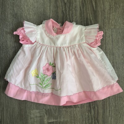 Vintage Samara Baby Girl 0-6 Month Flower Dress Pink White Peter Pan Collar  Lace