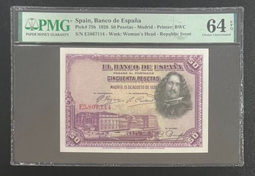 SPAIN, BANCO DE ESPANA 1928 PICK# 75b 50 PESETAS MADRID PMG64 EPQ