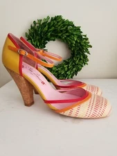 POETIC LICENCE Hopeful ORANGE & RED T Strap Weave High Heels Shoe Sz 9 👣j11