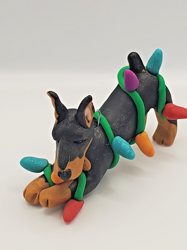 DOBERMAN PINSCHER Christmas Ornament TANGLED IN LIGHTS HANDMADE Dobie Ornament - Picture 2 of 6