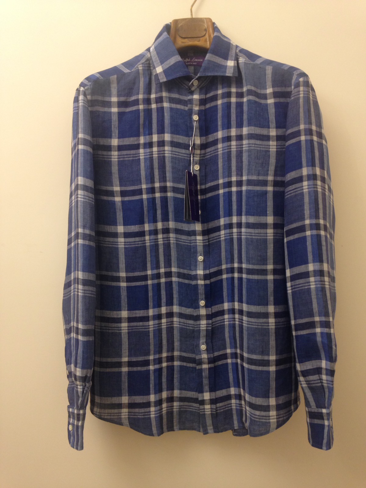 Man Ralph Lauren Blue Checked Linen Shirt Purple Label Collection Sz M RRP £350 image 7