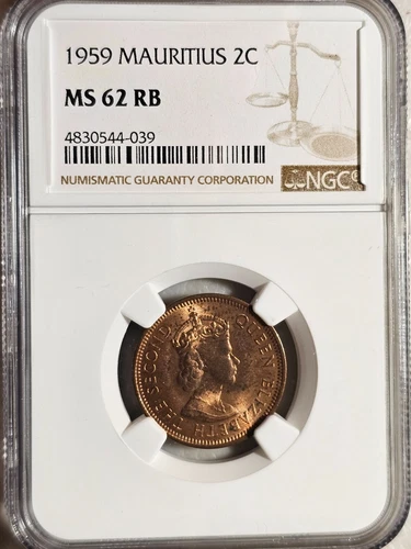 Mauritius 2 Cents 1959 NGC MS 62 RB