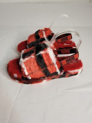 NEW UGG SZ 6 Slides FLUFF YEAH Red Plaid Sheepskin Slipper Sandals Sling Back