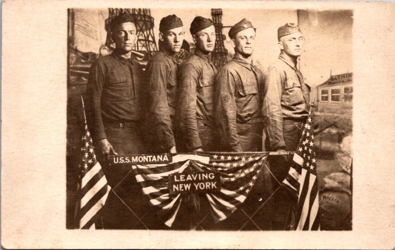 Vintage RPPC Postcard- U.S.S. Montana Crewmates  Men Photo Leaving New York