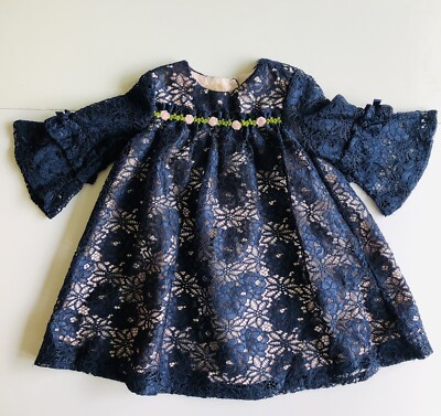 Laura Ashley London Toddler Girls Dress Navy Blue Lace 18M Flared Sleeves  EUC