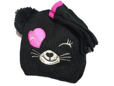 CAT/KITTY FACE GIRLS KNIT BEANIE HAT  GLOVES SET W/H HEARTS Accents NEW
