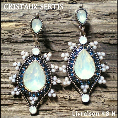 Boucles d'Oreille Perles Nacre Cristaux Ton Opale Style Swarovski LIVRAISON48H - Photo 1/4