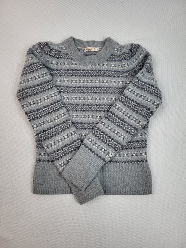 Faherty Merino Wool Sweater Girls Small Gray Fair Isle Crew Neck Knit Outdoor