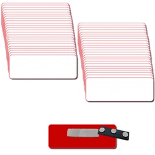 50 BLANK 1 1/4 X 3 WHITE/RED NAME BADGE KIT (U) ROUNDED CORNERS CLEAR LABELS