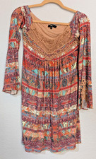 Sky Paisley Mini Dress Womens Medium, Red Multi Color Boho Bell Crochet Neck 