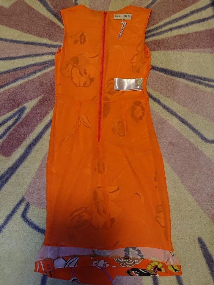 Emilio Pucci Floral Print Dress Size S Non-functioning Orange Sleeveless - Image 4 of 4