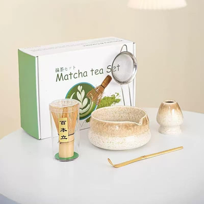 Premium Matcha Tea Set - 5 Pcs with Kiln-Transformation Glaze Ceramic Bowl, P...