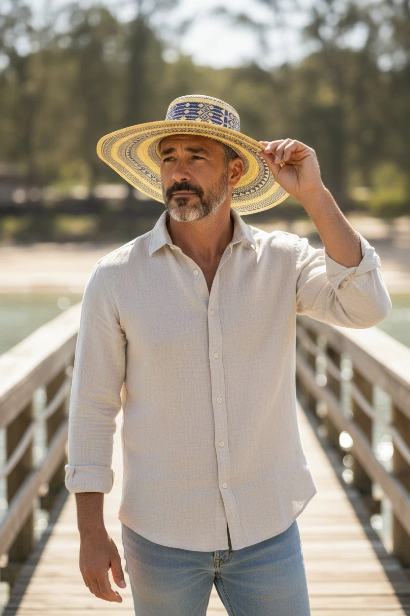 Men Beach Hat Wide Sun Sombrero Vueltaio Light Blue Beige Size M