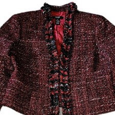 Alfani Womens Petite 4P Red Black Boucle Tweed Cropped Blazer Fringe Jacket