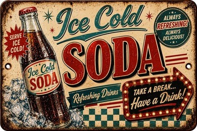Vintage Ice Cold Soda Tin Sign Retro Diner Pop Bottle Wall Decor 12x8 In